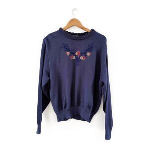 Southern Lady Vintage Floral Embroidered Crew Neck Pullover Sweater Size XL